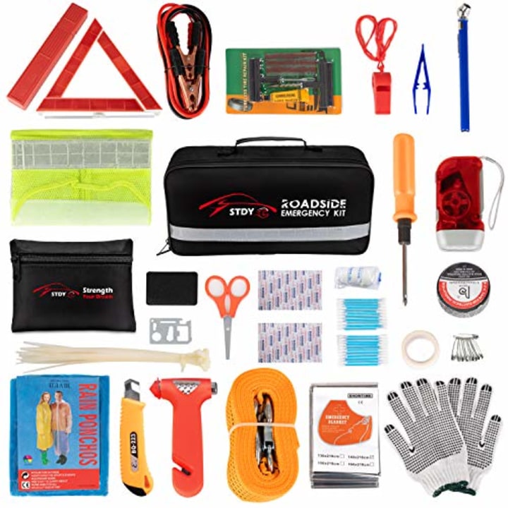 STDY Car Roadside Emergency Kit, Auto Vehicle Truck Safety Emergency Road Side Assistance Kits with Jumper Cables, First Aid Kit, Tow Rope, Reflective Warning Triangle, Tire Pressure Gauge, etc