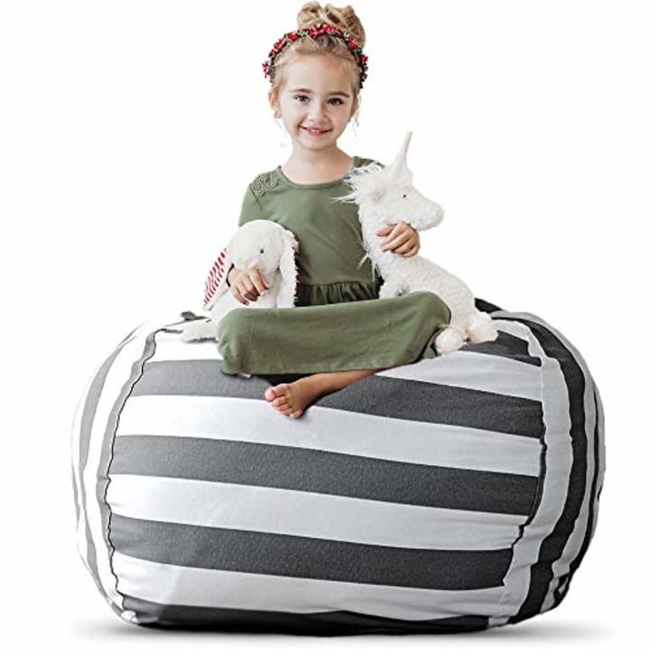 Creative QT Stuffed Animal Storage Bean Bag Chair - Stuff &#039;n Sit Organization for Kids Toy Storage - Extra Large Size (38&quot;, Grey/White Striped)