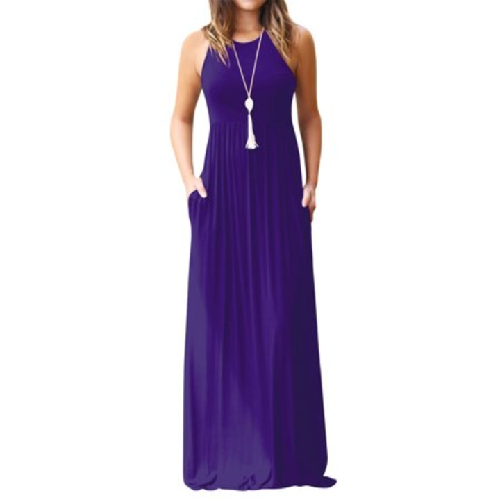 Women Round Neck Sleeveless Pure Color Long Dress with Pocket