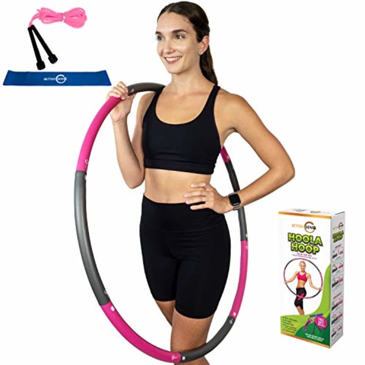 Better Sense Hoola Hoop for Adults - 8 Section Detachable Hoola Hoops, 2lb Weighted Hoola Hoop for Exercise - Portable Smooth &amp; Soft Padding Weighted Hula Hoop with Jump Rope &amp; Resistance Band (Pink)