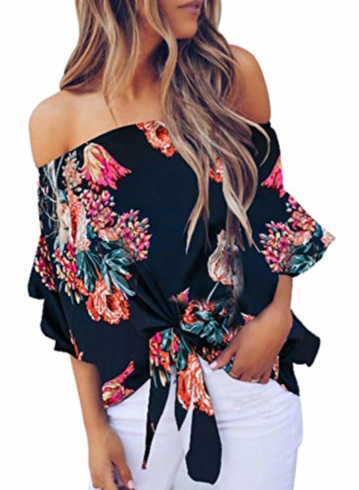 Asvivid Womens Summer Floral Printed Off The Shoulder Tops 3 4 Flare Sleeve Tie Knot T-Shirt Blouses