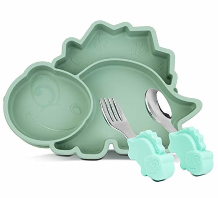 Silicone Suction Plate for Toddlers with Fork Spoon Set - Self Feeding Training Divided Plate Dish and Bowl for Baby and Toddler, Fits for Most Highchairs Trays (Dino Green)