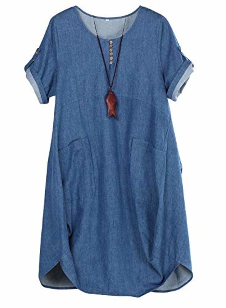 FTCayanz Women&#039;s Casual Tunic Dress Short Sleeve Plus Size Midi Dresses with Pockets Denim Blue Medium