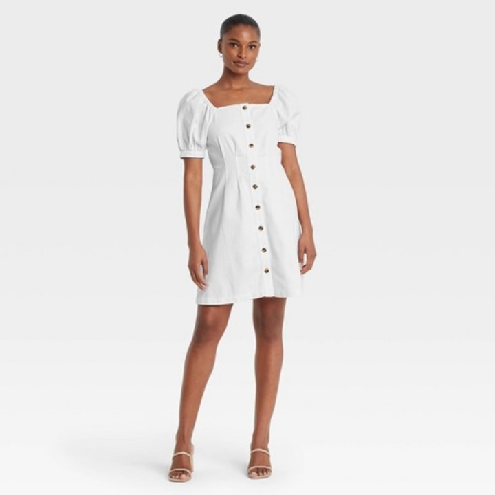 Women&#039;s Puff Short Sleeve Denim Dress - Who What Wear(TM) Bright White