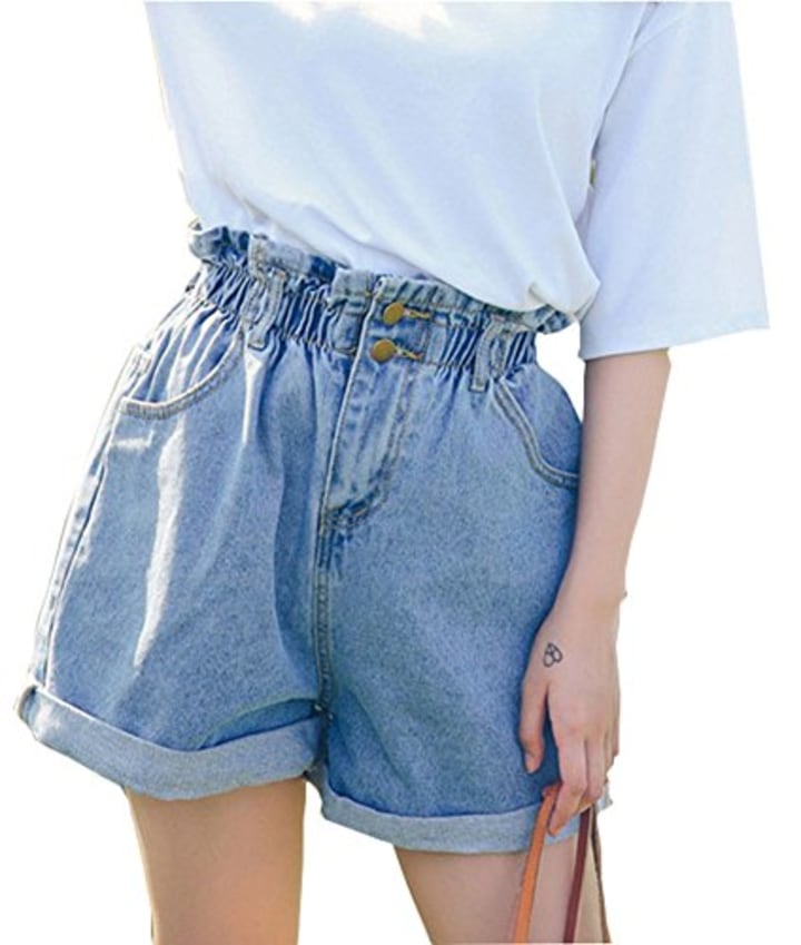 Plaid&amp;Plain Women&#039;s High Waisted Denim Shorts Rolled Blue Jean Shorts Light Blue M
