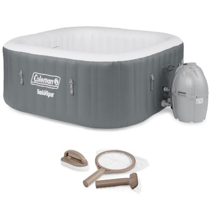 Coleman SaluSpa 4 Person Portable Inflatable Outdoor AirJet Square Hot Tub, Grey