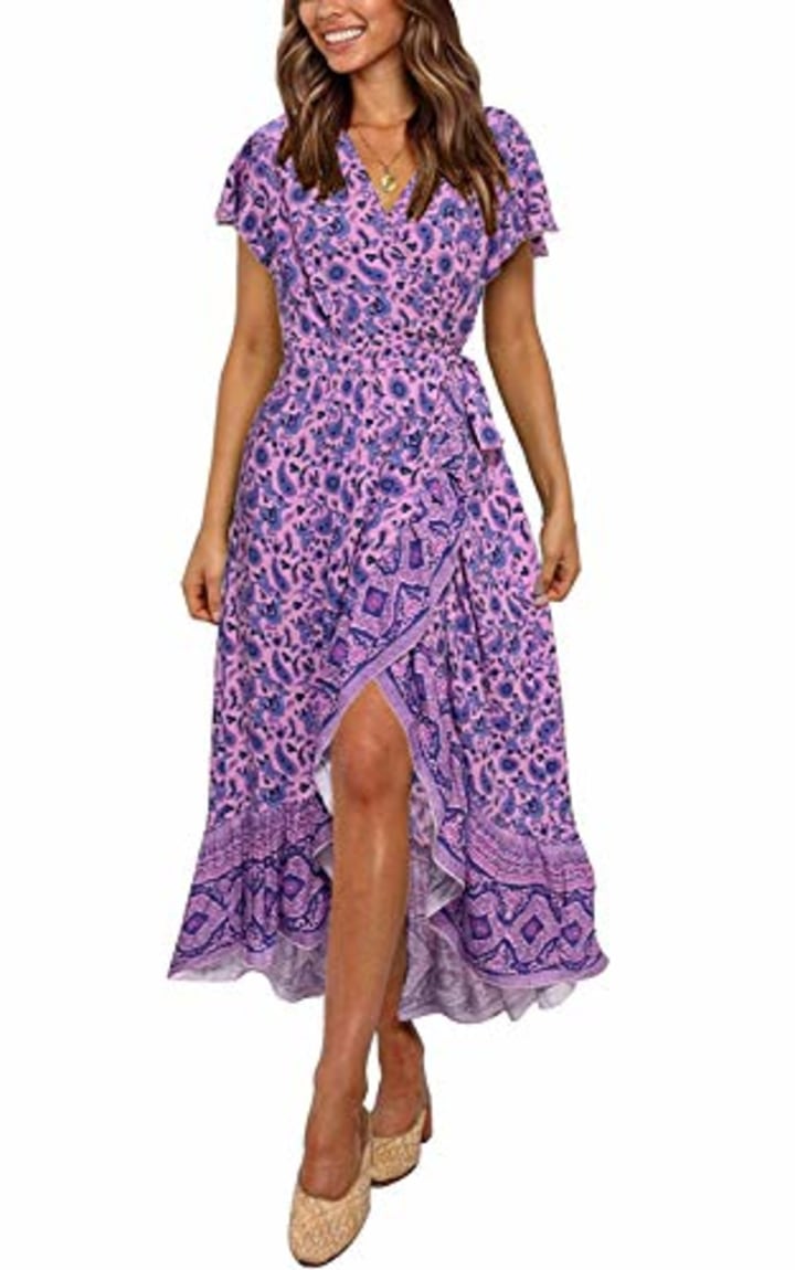 ZESICA Women&#039;s Summer Bohemian Floral Printed Wrap V Neck Beach Party Flowy Ruffle Midi Dress,Lightpurple,Large