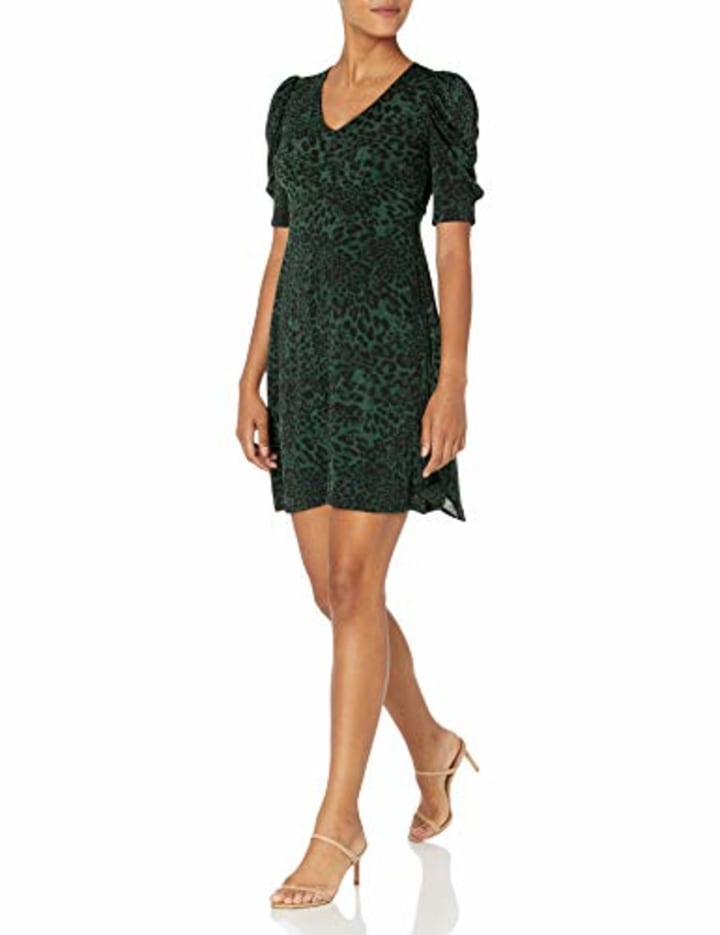 Amazon Brand - Lark &amp; Ro Women&#039;s Ruched Sleeve V Neck Knit Dress, Olive Leopard, 0