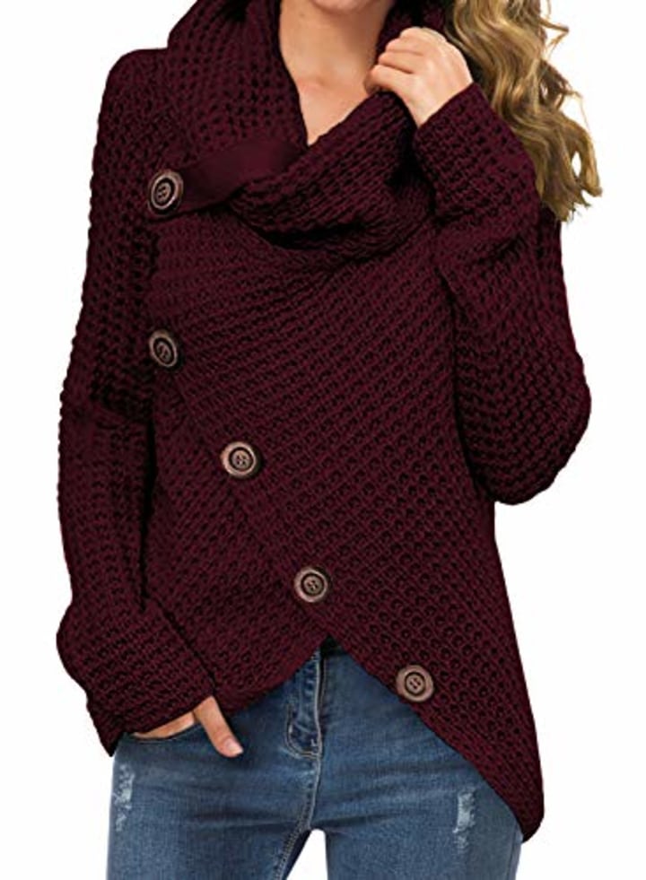 Grecerelle Cowl Neck Asymmetric Hem Knit Sweater