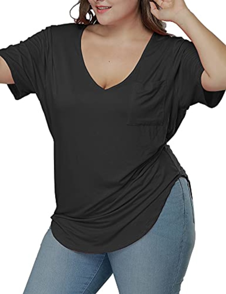 ALLEGRACE Womens Plus Size Tops Long Sleeve Casual Scoop Collar Pocket T Shirts