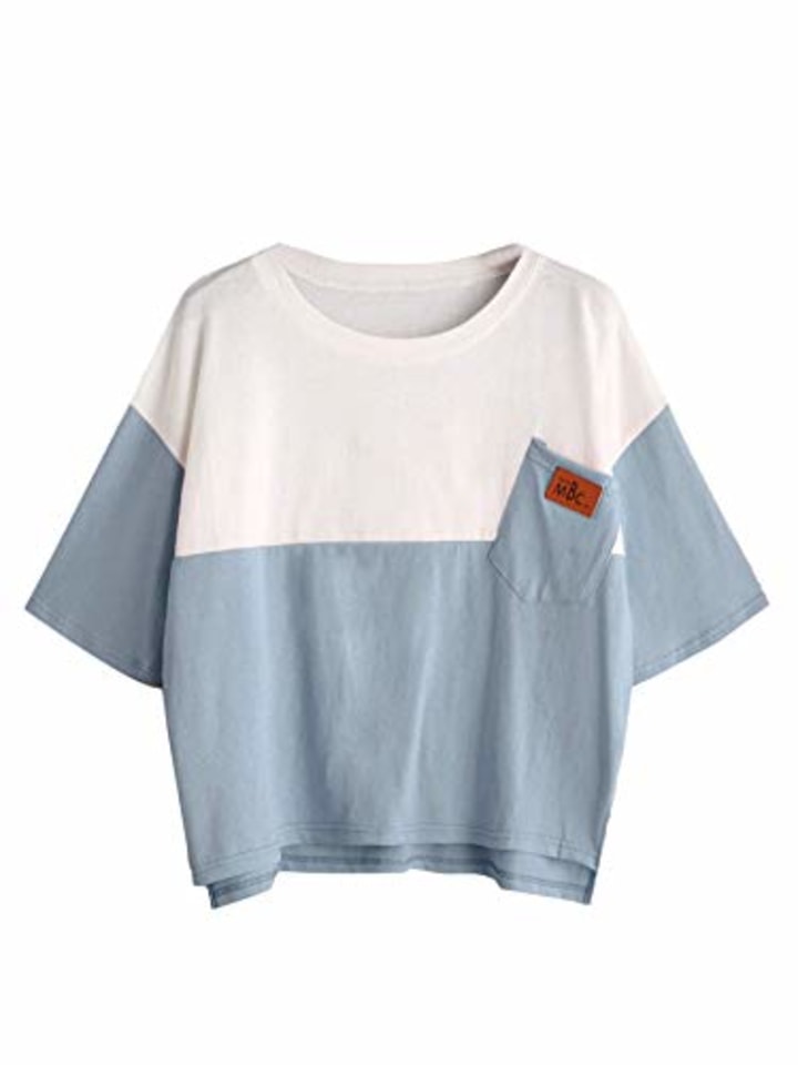 SweatyRocks Women&#039;s Color Block Half Sleeve High Low Casual Loose T-Shirt Tops Blue White Medium