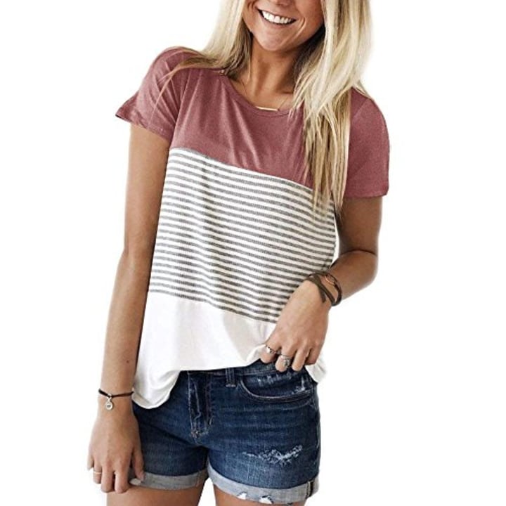 YunJey short sleeve round neck triple color block stripe T-shirt casual blouse,Red,Large