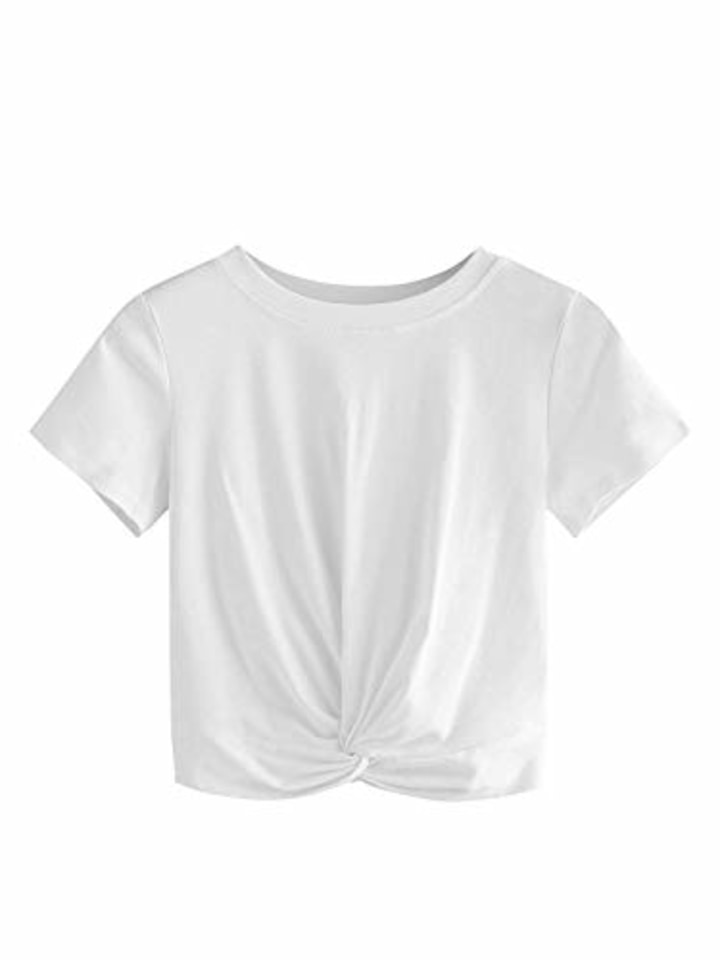 MakeMeChic Women&#039;s Summer Crop Top Solid Short Sleeve Twist Front Tee T-Shirt A-White M