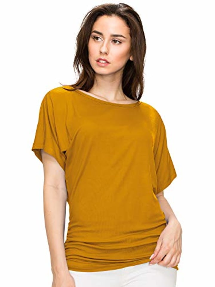 Made By Johnny MBJ WT817 Womens Dolman Drape Top with Side Shirring XS Mustard
