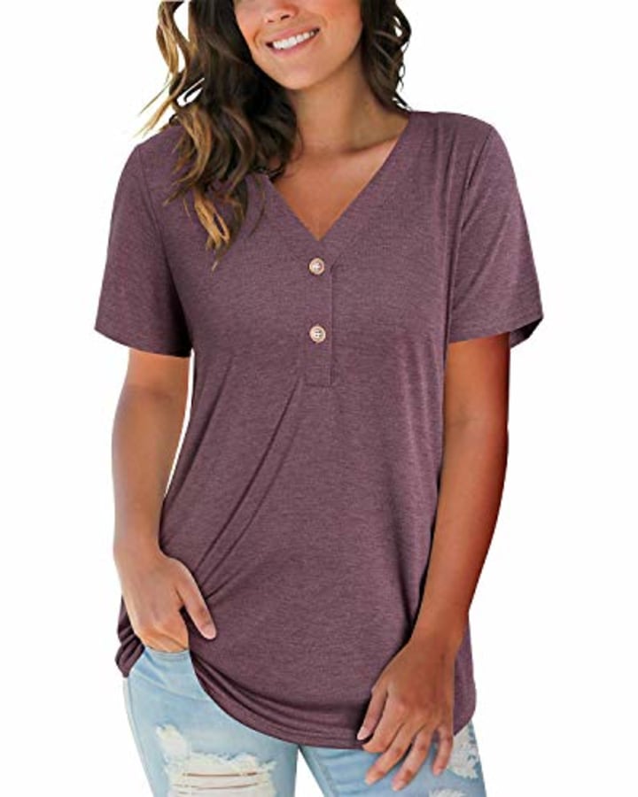 LAISHEN Women&#039;s Basic V Neck Button Shorts Sleeve T Shirts Summer Casual Loose Tee Tops(Dark red,XL)