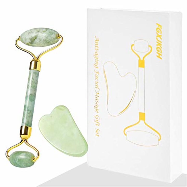 Jade Roller Gua Sha Set FGXJKGH Facial Roller Massager Body Eyes Neck Massager Tool for Eye Puffiness,Aging Release Pressure Natural Jade Stone (GREEN)