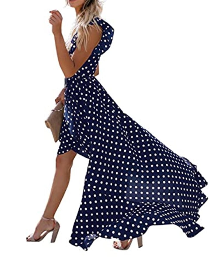 GRECERELLE Women&#039;s Summer Floral Print Cross V Neck Dress Bohemian Flowy Long Maxi Dresses PD-Navy Blue-Medium