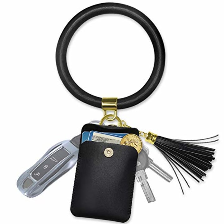 Doormoon Keychain Bracelet, Tassel Ring Circle Wristlet Key Chain Holder (Black)