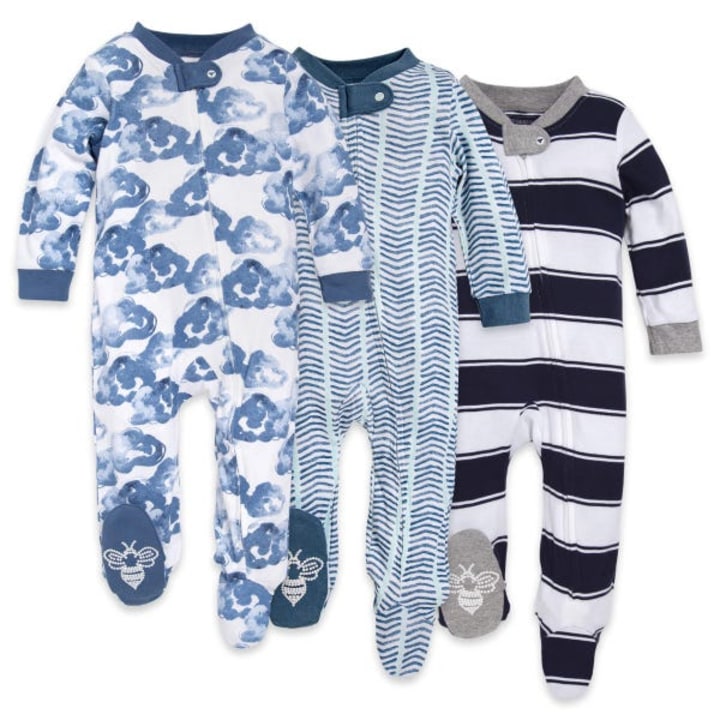 Burt&#039;s Bees Moonlight Clouds Organic Baby Zip Front Loose Fit Footed Pajamas 3 Pack