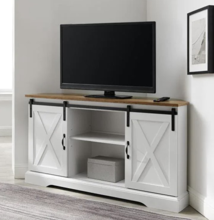 Welwick Designs Reclaimed Barnwood and Solid White Wood Farmhouse Corner TV Stand