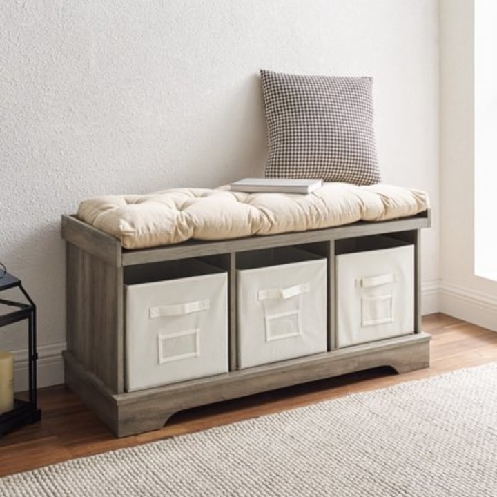 Woven Paths Storage &amp; Tufted Bench, Grey