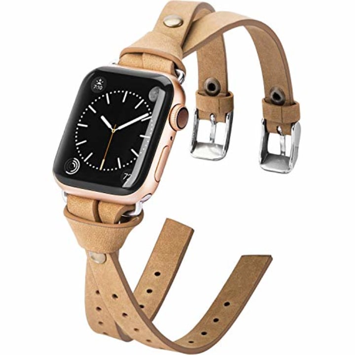 Minyee Leather Bands Compatible with Apple Watch 38mm for iWatch SE Womens Double Knotted Fasten 40mm Wristband Sleek Rose Gold Strap Unique Rivet Bracelet Series 6 5 4 3 2 1 (38mm/40mm, Matte Brown)