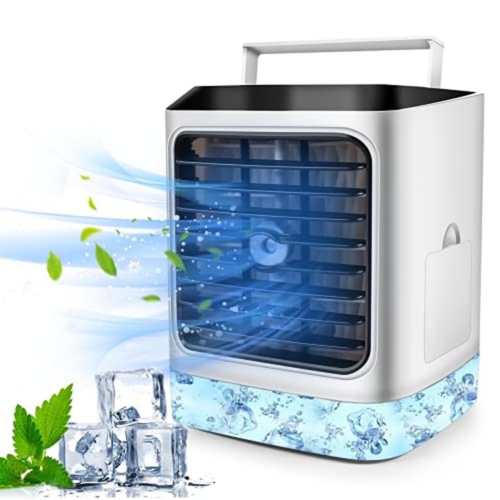 Portable Air Conditioner, Evaporative Air Conditioner Fan with Humidifier Air Purifier, Personal Air Cooler Misting Fan with 7 Colors Lights, Quiet Table Fan with 3 Speeds for Home, Room and Office
