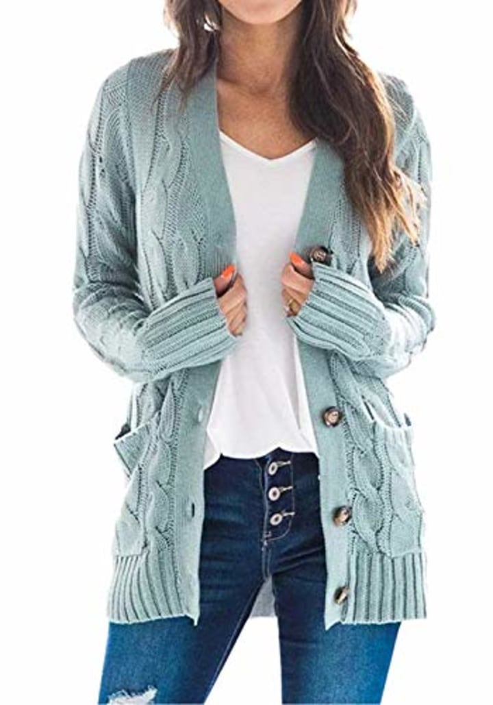 PRETTYGARDEN Women's Long Sleeve Open Front Knitted Cardigan Sweater Button Down Chunky Outwear Coat with Pockets Green