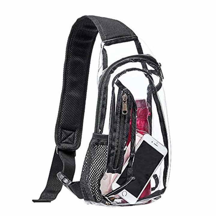 Eland Clear Sling Bag, Stadium Approved Mini PVC Crossbody Shoulder Backpack, Transparent Casual Chest Daypack for Women &amp; Men, Perfect for Hiking, Stadium or Concerts, Black, One Size