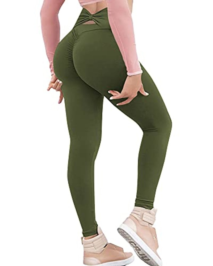 Haloumoning Scrunch Butt Lifting Leggings for Women Tummy Control High Waist Yoga Pants Workout Running Tights Army Green