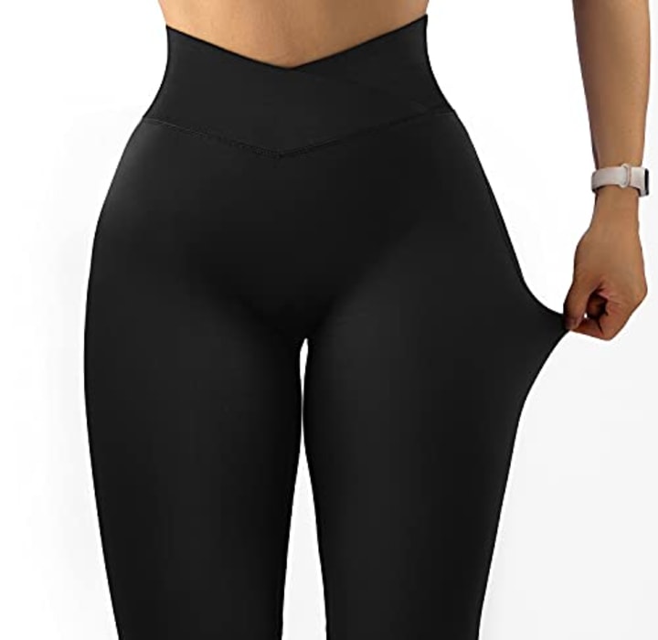 OMKAGI Women V Cross Waist Butt Lifting Leggings with Pockets High Waisted Running Yoga Pants(S,0-Black)