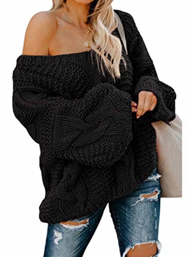 Astylish Off Shoulder Cable Knit Pullover Sweater