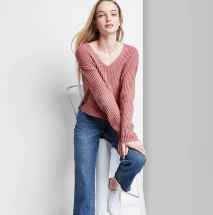 Wild Fable V-Neck Rib Knit Pullover Sweater