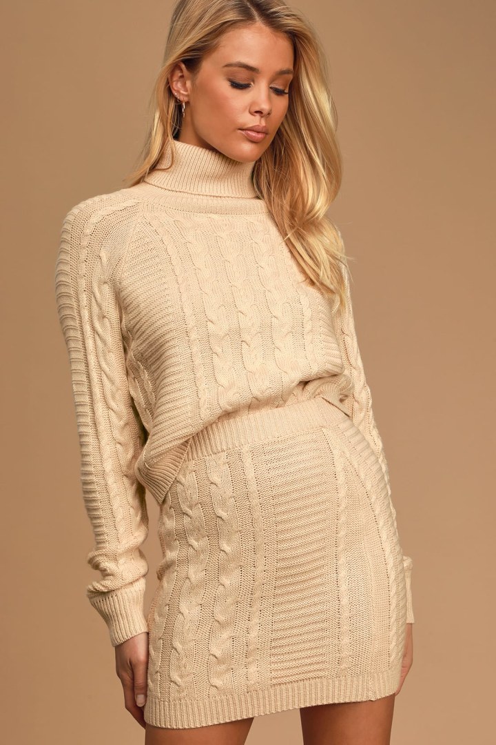 Lulus In The Cards Beige Cable Knit Two-Piece Sweater Dress