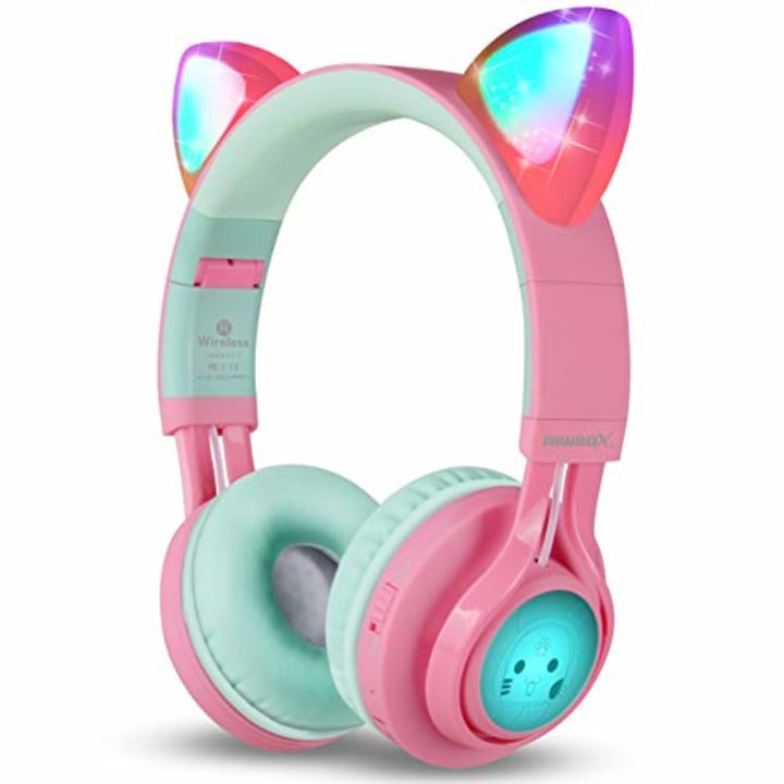 Riwbox Bluetooth Headphones, Riwbox CT-7 Cat Ear LED Light Up Wireless Foldable Headphones Over Ear with Microphone and Volume Control for iPhone/iPad/Smartphones/Laptop/PC/TV (Pink&amp;Green)