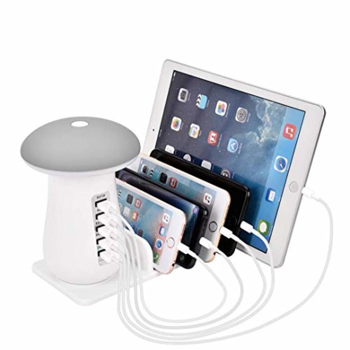 BOREAD Multi Ports USB Charging Station, 5 Port Mushroom Lamp QC3.0 Charger, Fast Charge Docking Station for Multiple Devices, LED Night Light Charger for iPhone, iPad, Smartphones, Tablets (White)