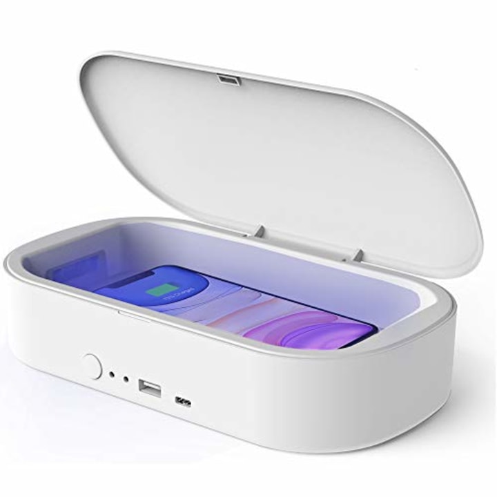UV Phone Sanitizer Box, Kills Up to 99.9% of Bacteria &amp; Viruses, UVC Light Disinfector, 10W Max Fast Wireless Charging for iOS Android Smartphone by VCUTECH (White)