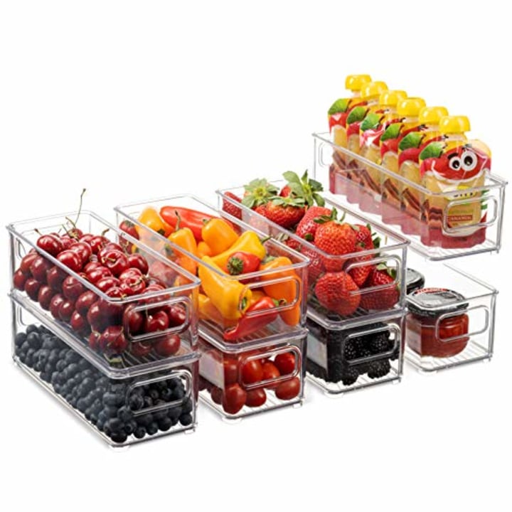Set Of 8 Stackable Plastic Food Storage Bins - Refrigerator Organizer with Handles for Pantry, Fridge, Freezer, Kitchen, Countertops, Cabinets - Clear Plastic BPA Free Food Storage Rack