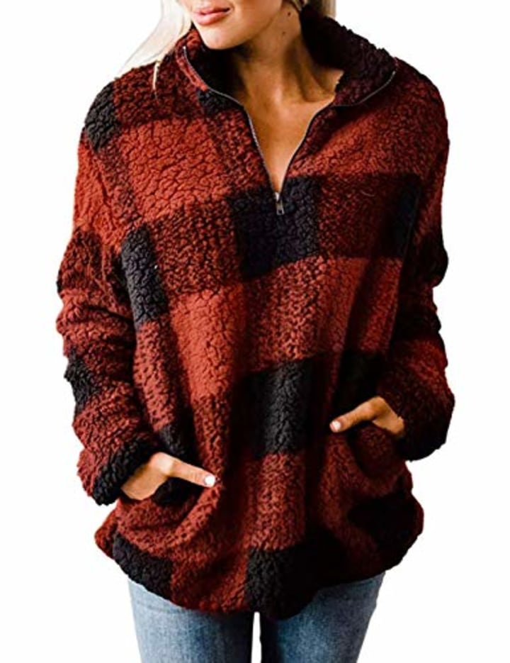 Merokeety Plaid Sherpa Fleece Zip Sweatshirt