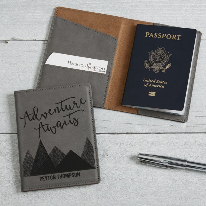 Adventure Awaits Personalized Charcoal Leatherette Passport Holder