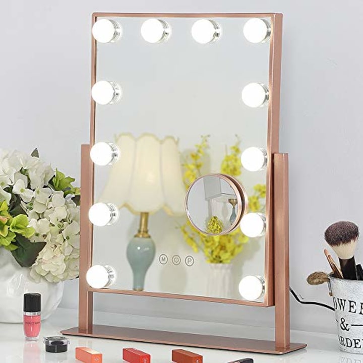 FENCHILIN Lighted Makeup Mirror Hollywood Mirror Vanity Makeup Mirror with Light Smart Touch Control 3Colors Dimable Light Detachable 10X Magnification 360?Rotation(Sliver)