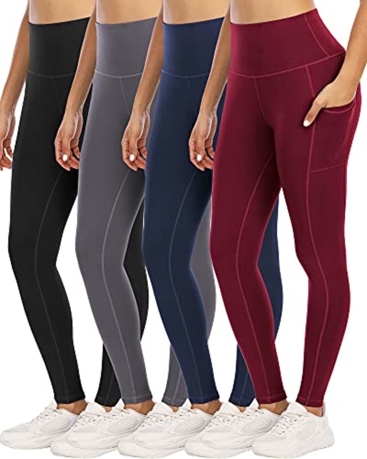 YOUNGCHARM 4 Pack Leggings with Pockets for Women,High Waist Tummy Control Workout Yoga Pants BlackDGrayNavyBurgundy-L