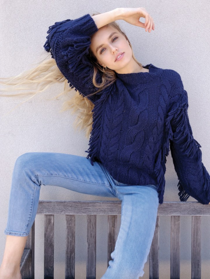 525 Cable Knit Long Sleeve Fringe Sweater