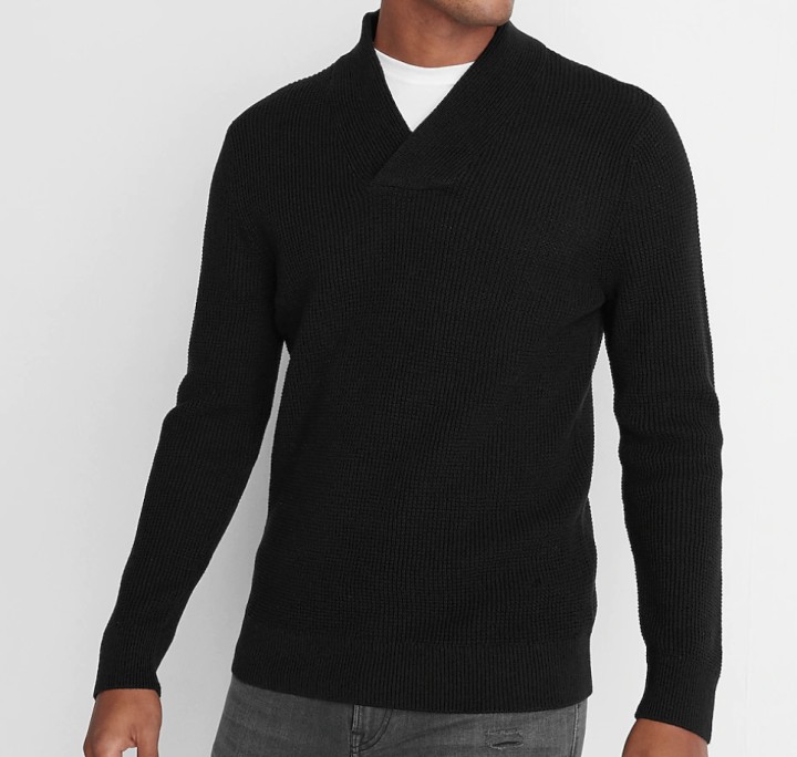 Waffle Knit Shawl Collar Cotton Sweater