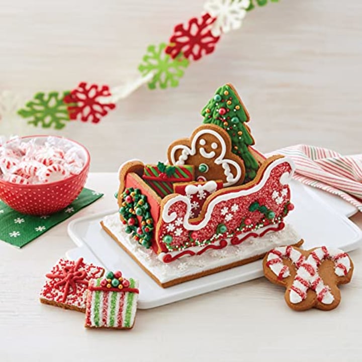 Gingerbread House Kit Addition. Christmas Sleigh Cookie Kit, Build It Yourself - Includes Gingerbread Panels, 5 Types of Candies, White Icing, Decorating Bag &amp; Tip, Bundled With Fun Holiday Stickers