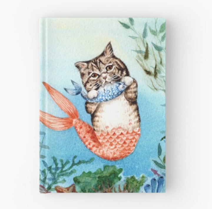 Cute Purrmaid Cat Mermaid Hardcover Journal