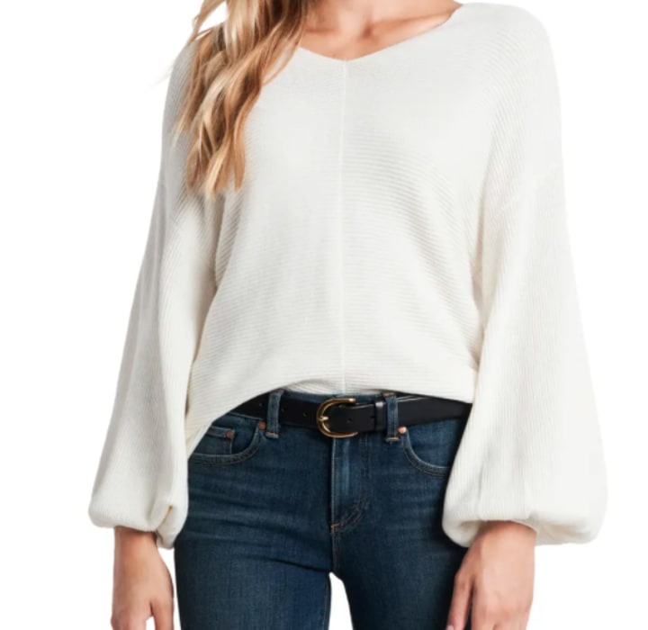 Ribbed Balloon Sleeve Cotton Blend Sweater