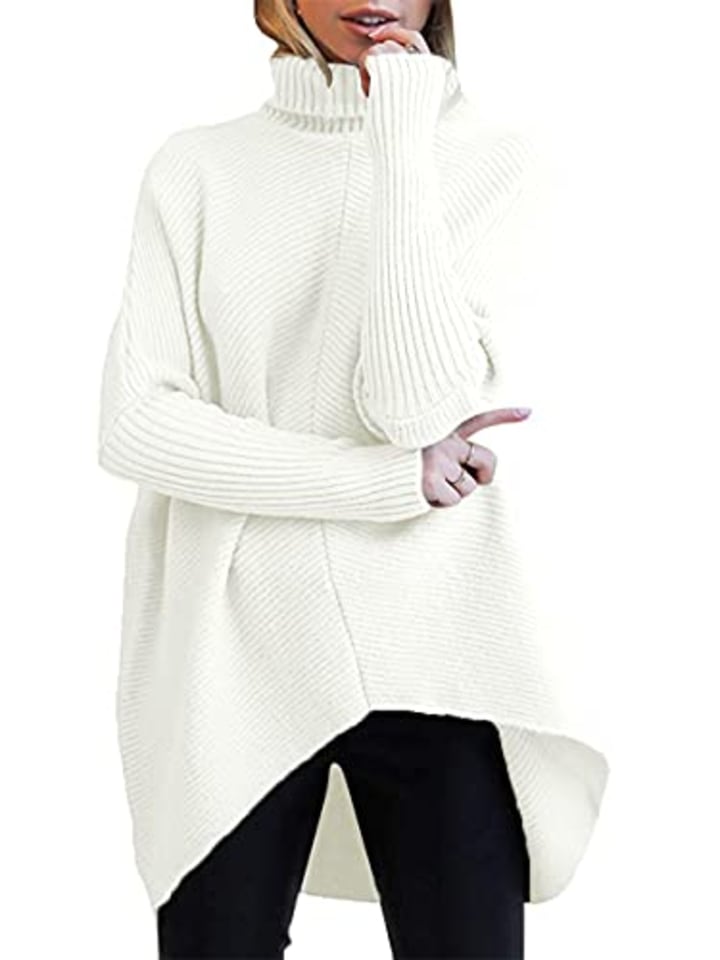 ANRABESS Womens Turtleneck Long Batwing Sleeve Asymmetric Hem Casual Pullover Sweater