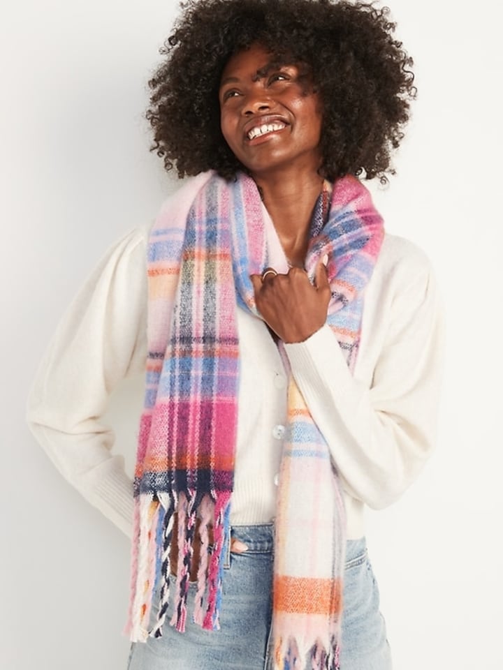 Ladies Layered Bold Stripe Scarf Roughly Frayed Soft Neck Warm Scarves 