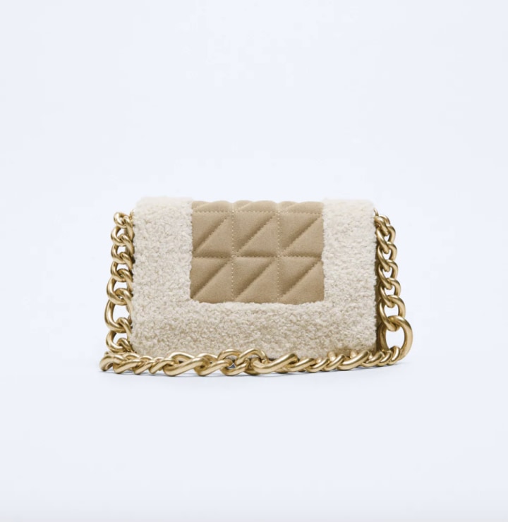 Quilted Split Suede Shoulder Bag with Faux Shearling Detail